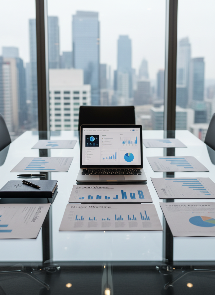 A sleek glass-topped boardroom table arranged for a strategy session, covered with neatly aligned printed marketing reports, color-coded charts, and an open silver laptop showing a clean analytics dashboard. Beside it, a dark navy notebook with an embossed logo and a matte black pen rest on the reflective surface. The setting is a high-floor UK city office with floor-to-ceiling windows revealing a softly blurred skyline of modern buildings. Cool, diffused daylight fills the room, creating gentle reflections on the glass tabletop and subtle shadows beneath each object. Photographed at eye level with a slight angle across the table, sharp focus throughout, in a clean, modern, photographic realism style that feels professional, calm, and highly organized, ideal for a marketing consultancy homepage.
