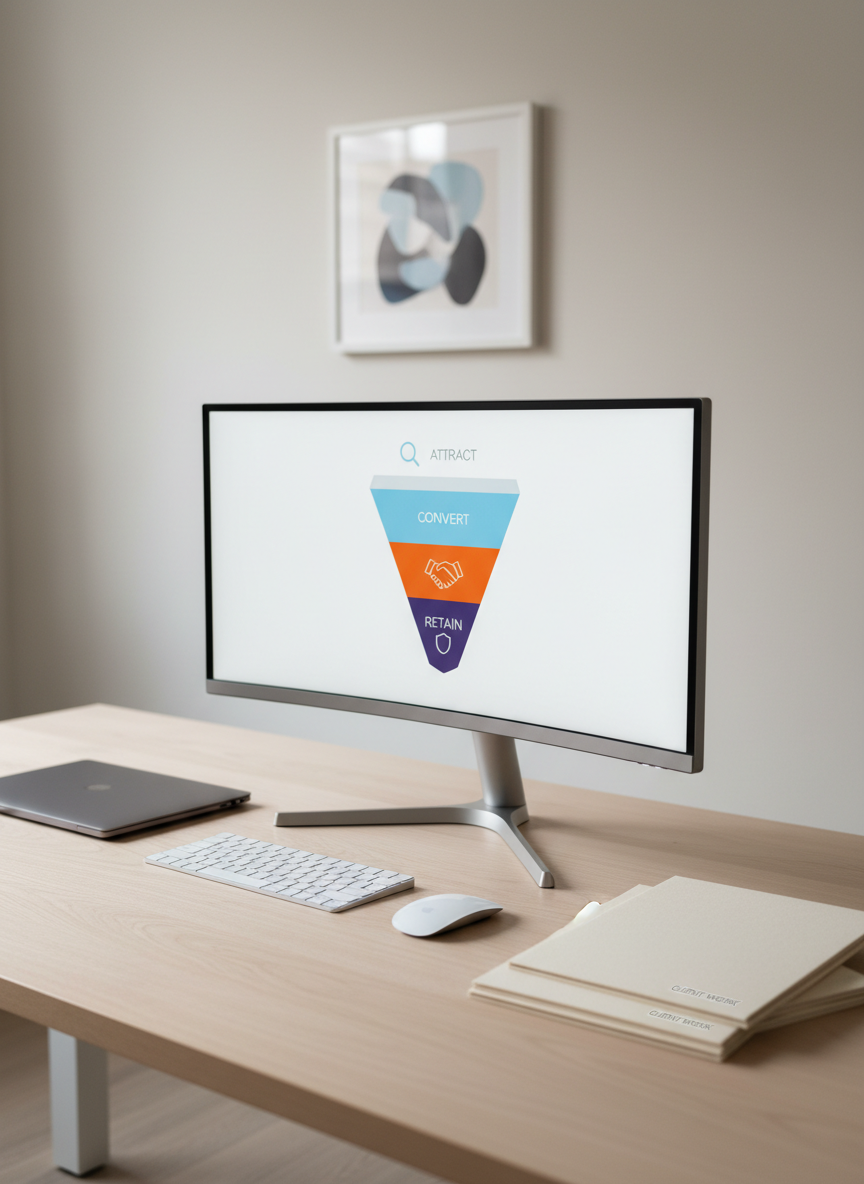 A tidy, minimalist workspace featuring a large ultra-wide monitor displaying a clear, colourful marketing funnel diagram labeled attract, convert, retain, with clean icons and precise typography. The monitor sits on a pale oak desk alongside a closed graphite-grey laptop, a slim wireless keyboard, and a single neat stack of client folders branded with discrete metallic lettering. The background shows a softly out-of-focus wall with a simple framed abstract print in muted blues and greys. Soft studio lighting from the left creates gentle highlights on the monitor’s bezel and a controlled gradient of light across the wall. Shot from a slightly elevated angle using the rule of thirds, the composition emphasizes clarity and focus. The mood is analytical yet approachable, reinforcing a professional, contemporary marketing consultancy identity in photographic realism.
