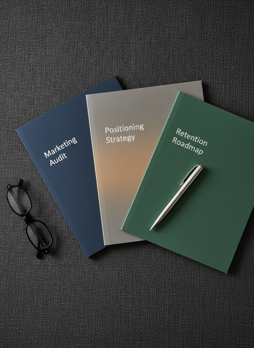 A refined tabletop scene featuring three distinct client proposal folders laid out in a deliberate fan pattern on a dark charcoal fabric surface. Each folder has a different muted colour cover—deep navy, warm grey, and forest green—with understated silver foil titles such as Marketing Audit, Positioning Strategy, and Retention Roadmap. A slim, brushed steel pen rests diagonally across the central folder, and a pair of simple black reading glasses lies folded nearby. Soft, directional overhead lighting creates gentle shadows and subtle texture in the fabric, highlighting the tactile quality of the materials. Captured from a directly overhead, bird’s-eye view with crisp focus and generous negative space, the composition feels composed, methodical, and highly professional, suggesting tailored consultancy documents ready for discerning UK professional service firms.