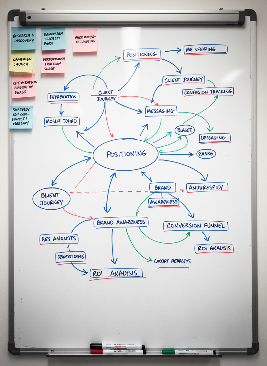 A close-up of a polished whiteboard surface covered in carefully hand-drawn marketing and advertising diagrams, including arrows, boxes, and neatly written keywords such as positioning, messaging, and client journey. Different coloured marker lines intersect with small sticky notes in muted pastel tones neatly attached along the edges, each labeled with specific campaign steps. The whiteboard frame is brushed aluminium, and the edge of a tidy marker tray with capped pens is visible at the bottom. Bright, diffused office lighting creates a uniform, shadow-free illumination that enhances legibility while adding a subtle sheen to the whiteboard surface. Photographed straight-on with sharp focus and slight vignetting at the corners, the image feels dynamic, strategic, and purposeful, embodying the planning rigor of a professional UK marketing consultancy in a clean photographic style.